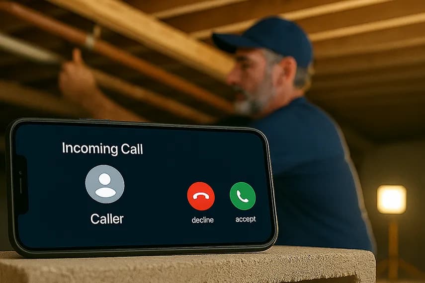 HVAC technician under a crawlspace while a new customer is calling. Oncall Receptionist will handle the call for him.
